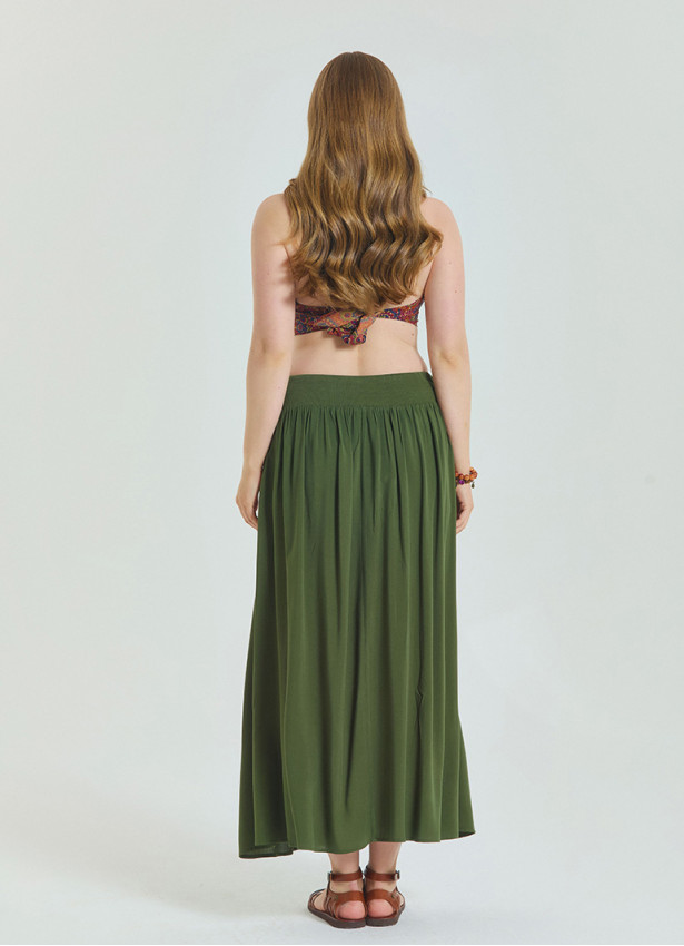 Khaki Plus Size Skirt with Elastic Waist and Drape Detail 4602
